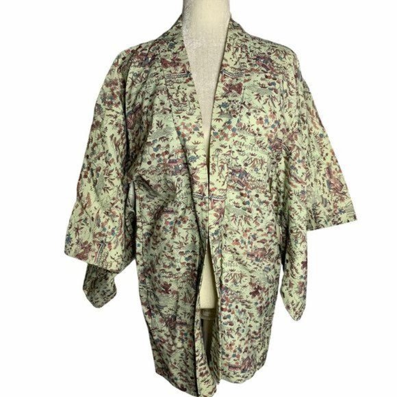 Vintage Floral Kimono Short Robe Jacket M Light Green Floral Lined Tie Waist - Picture 1 of 7